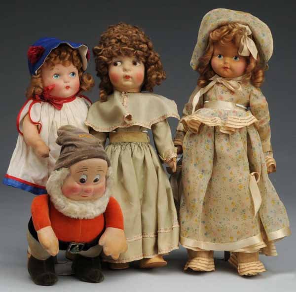 Lot of 4: Cloth Dolls.: Description American, Ca. 1930s. Krueger dwarf Doc from Snow White, all original; Storybook doll with mask face, all original; Krueger-type girl in red, white, & blue dress with hat; Eugenie Poir-type