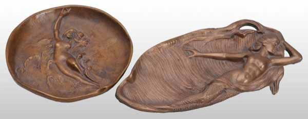 Lot of 2: Bronze Art Nouveau Pieces.: Description Includes one unsigned mermaid dish and one dish signed "Dunhill" depicting a lady swimming. No damage. Condition (Excellent). Size Largest: 7" L.