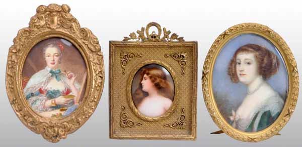 Lot of 3: Miniature Portraits of Ladies.: Description Includes one signed "H. Idaz", one with a pretty lady wearing a cameo bracelet, unsigned and in ivory, and one of a pretty lady in porcelain signed "Warner" and in a bronze frame. Conditio