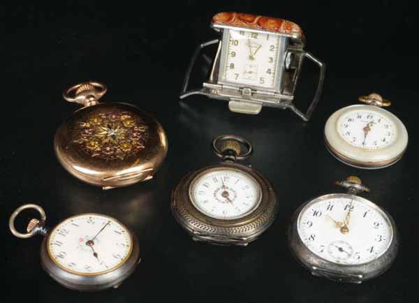 Lot of 6: Antique Jewelry Women's Watches.: Description Includes one American Industrial watch that is not working in a flip-up leather case, one gold-filled hunting case with no watch, and four open face watches in silver, one working and othe