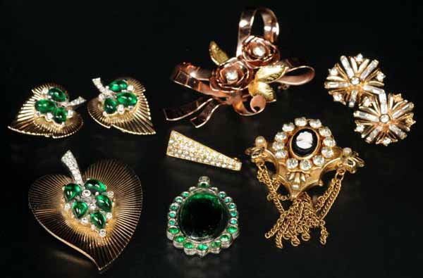 Lot of 9: Antique Costume Jewelry Pieces.: Description Includes one floral pin signed "Coro", one leaf-shaped pin signed "Bouchet" with matching pair of leaf-shaped earrings signed "Bouchet", one cameo pin signed "Coro" with tassels, one bar p