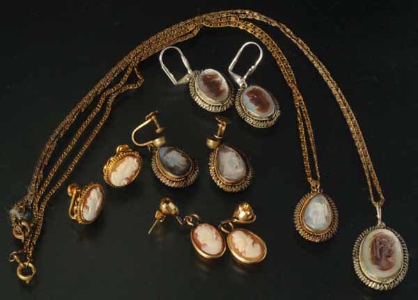Lot of Antique Cameo Earring Pairs & Necklaces.: Description Includes four pairs of earrings and two necklaces, all with cameos. Condition (Excellent).