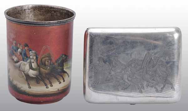 Russian Enameled Beaker & Cigarette Case.: Description Weighs 6.3 troy ounces. The cylindrical beaker has a polychrome sleigh scene on a red ground while the cushion-shaped case is flat-chased with a similar scene on one side and initialed on 