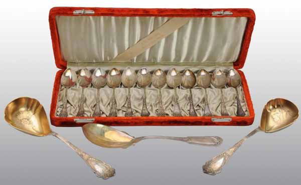 Lot of 2: Silver Spoon Sets with Cases.: Description Weighs 4.8 troy ounces. Includes one case containing one large serving spoon marked "Sterling" with hallmarks and one case containing 12 sterling tea spoons. Condition (Excellent). Size La