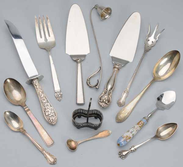 Lot of 13: Silver Articles.: Description Silver weighs 8.1 troy ounces. Includes one Webster snuffer with a leafage handle, one carving knife with a repousse handle, two tart servers with stainless blades, one meat fork by King C