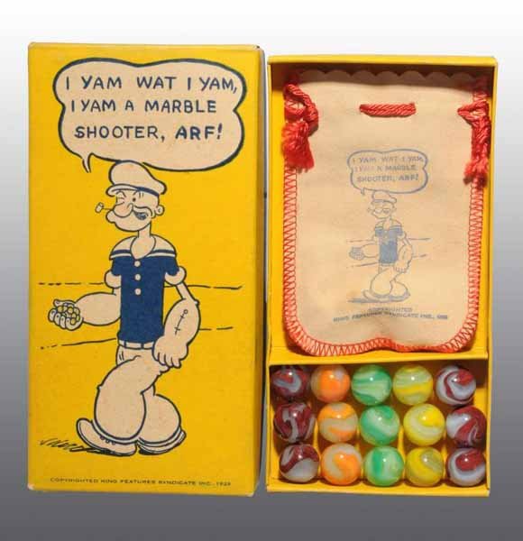 Box of Akro Agate Popeye Marbles.: Description Marbles consist of six oxbloods and nine assorted corkscrews in excellent plus condition. Includes original bag in near mint and unused condition. Box is in excellent condition with just o