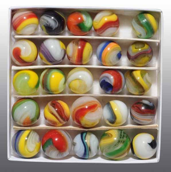 Lot of 25: Akro Agate Popeye Corkscrew Marbles.: Description Includes a nice assortment with a couple purples, hybrids, and one red, white, and blue marble. Condition (9.5 - 9.8+). Size Largest: 3/4" Dia.