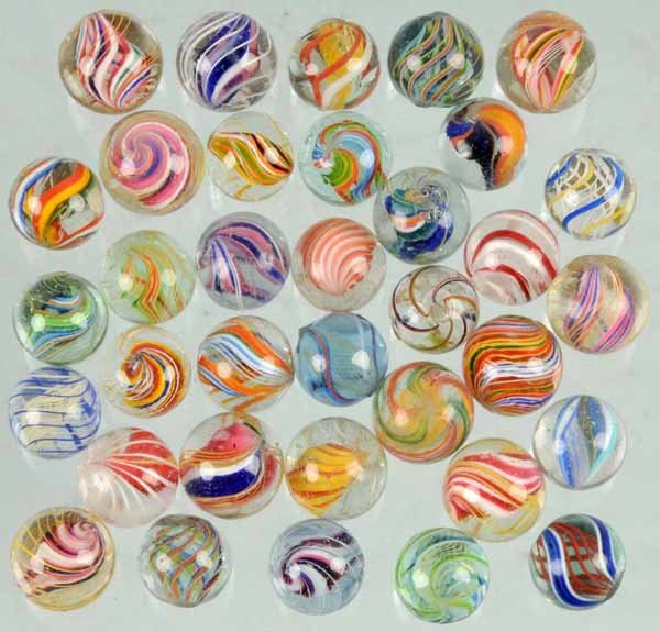 Lot of 35: Hand-Made Marbles.: Condition (Near Mint Plus). Size Largest: 3/4" Dia.
