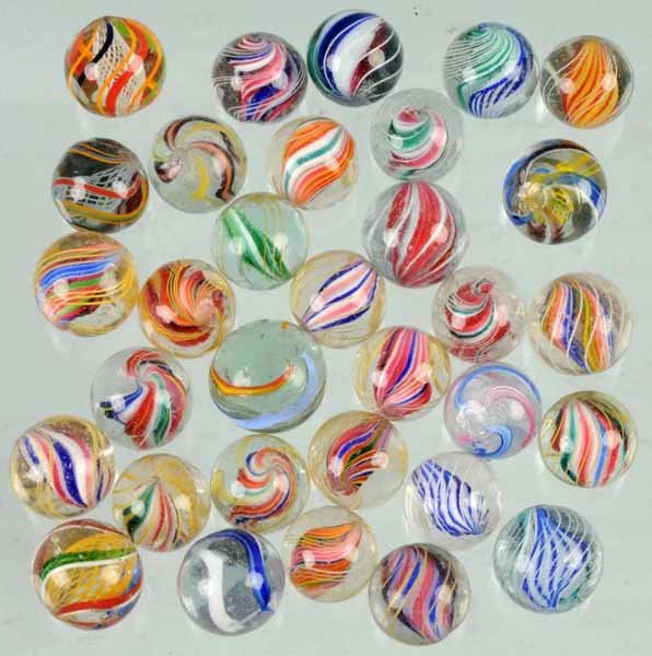Lot of 32: Hand-Made Marbles.: Condition (Near Mint Plus). Size Largest: 7/8" Dia.