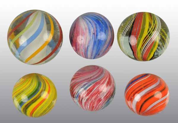 Lot of 6: Hand-Made Marbles.: Description Includes two German swirls, two Joseph swirls, and two onionskins, one with mica. Condition (9.5+). Size Largest: 1" Dia.