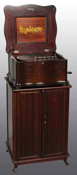 Reginaphone Disc Style 250 Music Box.: Description Refinished. Mahogany serpentine with 78 base and tone arm, and 52 discs. Working. Condition (Excellent). Size 15 - 1/2".