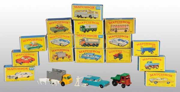 Lot of 16: Matchbox Die-Cast Vehicle Toys.: Description Circa 1960s. Includes one number 37 Cattle Truck with two plastic cattle figures and one number 42 Studebaker Station Wagon with one plastic man holding a dog figure. All have their origin