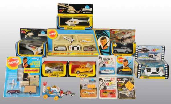 Lot of 15: Corgi James Bond Die-Cast Vehicles.: Description Circa 1970s to 1980s. Includes number 3082 James Bond Gift Set, number 930 Jet Ranger, two number 271 Aston Martins, number 272 Citron, number 269 Lotus, number 649 Space Shuttle, number 3