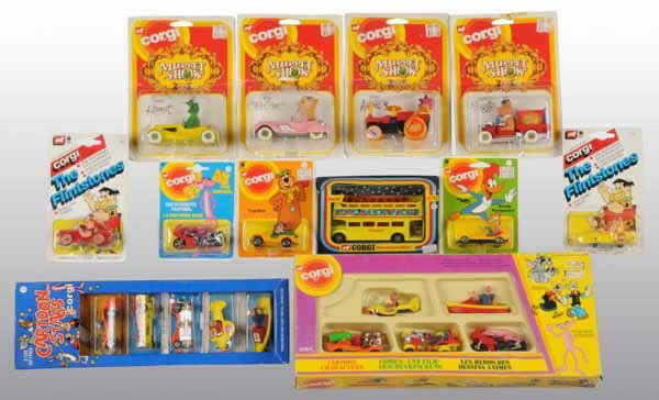 Lot of 12: Corgi TV Related Die-Cast Vehicle Toys: Description Circa 1970s to 1980s. Includes number 7006 Cartoon Stars Gift Pack consisting of five vehicles, number 470 Disney Land Bus, number 19 Pink Panther Cycle, number 49 Woody Woodpecker Car, nu