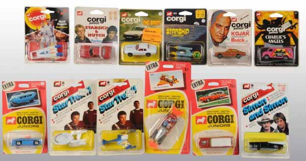Lot of 12: Corgi Junior TV Vehicle Die-Cast Toys.: Description Circa 1970s to 1980s. Includes Kojak Buick, Buck Rogers Star Fighter, Charlie's Angel's Van, Starskey & Hutch Torino, Monkey's Mobile, Chitty Chitty Bang Bang car, three Star Trek Star Shi