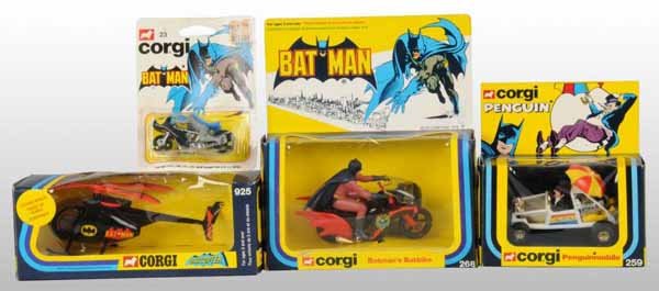 Lot of 4: Corgi Batman Vehicle Die-Cast Toys.: Description Circa 1970s. Includes number 259 Penguin Mobile, number 268 Bat Bike, number 925 Bat Copter, and number 23 Corgi Jr. Bat Cycle. Includes original boxes for all. Condition (Excellent). Size
