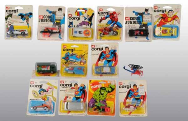 Lot of 14: Corgi Junior Super Hero Die-Cast Toys.: Description Circa 1960s to 1970s. Includes 13 toys on their original cards with price tags and sealed in bubble, some with denting and one or two with tape holding them down. Condition (Very Good). Si