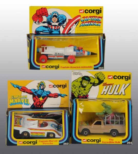 Lot of 3: Corgi Superhero Vehicle Die-Cast Toys.: Description Circa 1970s. Includes number 262 Captain Marvel Porsche, number 264 Incredible Hulk Truck, and number 263 Captain America Jet Mobile. Includes original boxes for all marked "Marvel Comics 