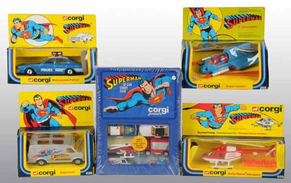 Lot of 5: Corgi Superman Vehicle Die-Cast Toys.: Description Circa 1970s. Includes number 260 Metropolis Police Car, number 265 Super Mobile, number 435 Super Van, number 929 Daily Planet Jet Copter, and number Corgi Jr. Superman 12-car carry case s
