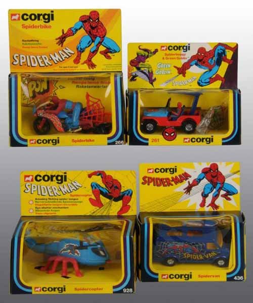 Lot of 4: Corgi Spider Man Vehicle Die-Cast Toys.: Description Circa 1970s. Includes number 261 Spider Buggy, number 266 Spider Bike, number 436 Spider Van, and number 929 Spider Copter. Includes original boxes for all. Condition (Excellent). Size All