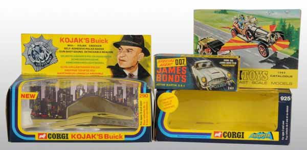 Lot of 2 Corgi Character Toy Boxes & 1 Catalog.: Description Empty boxes are for number 290 Kojak Buick and number 925 Bat Copter. Condition (Very Good).