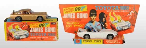 Lot of 2: Corgi James Bond Die-Cast Cars.: Description Circa 1965 to 1969. Includes one number 336 Toyota 2000 GT in original box marked "Gild Rose Productions Limited 1967" with instructions and missiles underneath. Also includes one number 2