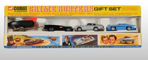 Corgi No. 3008 Crime Buster Die-Cast Gift Set.: Description Includes Bat Mobile and boat, Man from U.N.C.L.E. car, and James Bond car. Along with two ejectable plastic figures and three missiles. Includes original box but missing outside plastic co