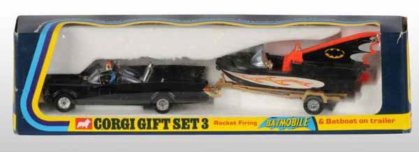 Corgi No. 3 Bat Boat on Trailer Die-Cast Gift Set: Description Circa 1967 to 1981. Marked "National Periodic Publications Inc. 1966". Includes Bat Mobile, Batman and Robin, Bat Boat, and trailer. Instructions are still sealed in package while toy appe