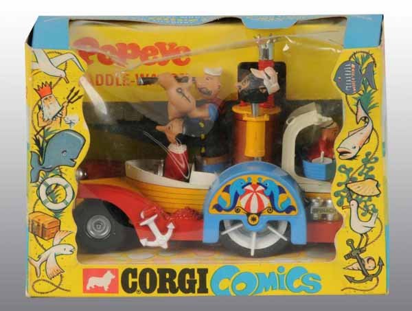 Corgi No. 802 Popeye Paddle Wagon Die-Cast Toy.: Description Circa 1969 to 1972. Includes original box marked "King Features Syndicate" with some indentations to plastic. Condition (Excellent). Size 6" L.