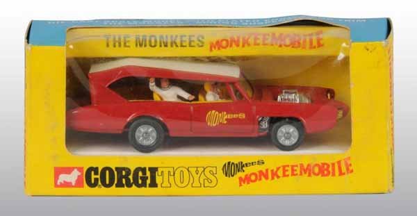 Corgi No. 277 Monkee Mobile Die-Cast Car.: Description Circa 1968 to 1972. Toy has one or two small specks of paint missing off of back, right fender. Includes original box marked "1967 Raybert Productions" with some dirt on front near plastic