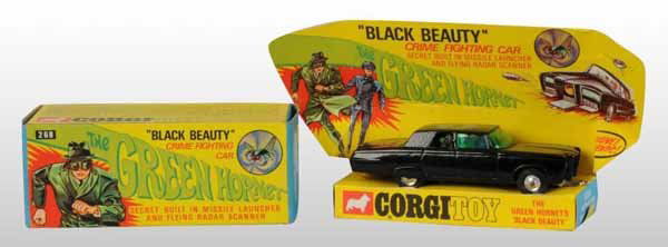 Corgi No. 268 Green Hornet Die-Cast Car.: Description Circa 1967 to 1972. Includes three missile launchers and three flying radar scanners in their original paper bag with instructions. Includes original box marked "1966 Greenway Productions