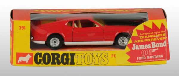 Corgi No. 391 James Bond Mustang Die-Cast Car.: Description Circa 1972. Featured in the film "Diamonds are Forever". Includes original box marked "1972 Gild Rose Productions" and with paper pealing where price sticker was taken off of side flaps. C