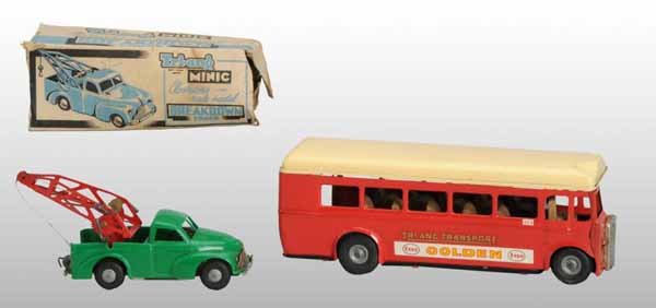 Lot of 2: Triang Vehicle Toys.: Description English. Working. Includes one plastic and metal breakdown tow truck marked "Minic" on bottom and one friction transport bus with stickers on both sides. Includes original box for breakdow