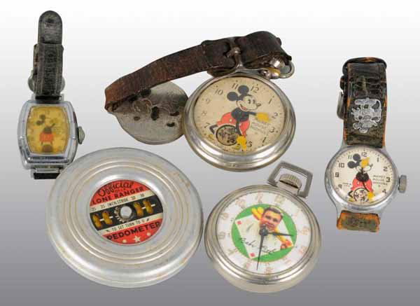 Lot of 5: Character Watches & Lone Ranger Piece.: Description Includes one pre-war Mickey Mouse pocket watch with fob, two over-wound Mickey Mouse wrist watches, one Babe Ruth watch with replaced interface, and one official Lone Ranger pedometer. Con