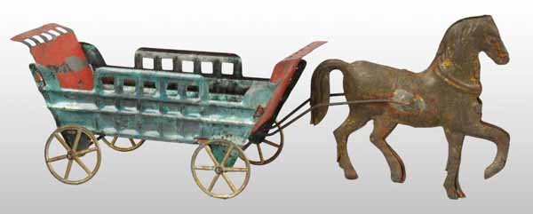 Tin Horse-Drawn Wagon Toy.: Description Probably French. Combination of hand-painting and lithography with gold-wash wheels. Some paint loss on inside of cart with very little paint on horse. Condition (Good - Very Good). Size 8