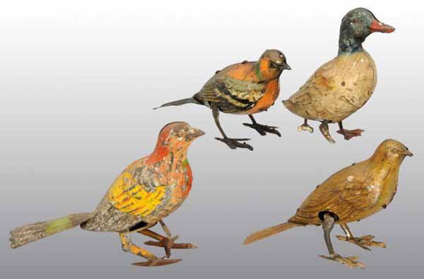Lot of 4: Tin Bird Wind-Up Toys.: Description German. Includes three birds and one duck, two are lithographed, and two are hand-painted. Moderate overall paint wear and loss. Duck toy is missing one foot and is not working. Condition