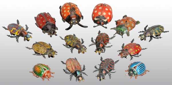 Lot of 14: Tin Litho Beetle Push Toys.: Description German. One is marked "Gama". Very nice lithography. Some are different variations of the same toy. Moderate overall wear. Condition (Very Good - Excellent). Size All: 3" L.