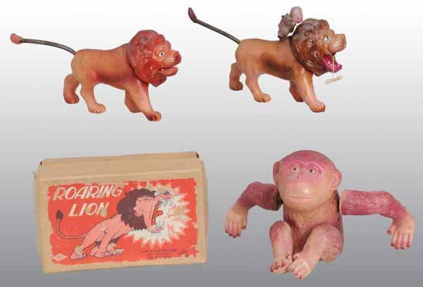 Lot of 3: Celluloid African Animal Wind-Up Toys.: Description Japanese. Working. Includes one scarce lion with moving mouth, one scarce lion with moving mouth and monkey on his back, and one summersault monkey. One original box is included. Condition