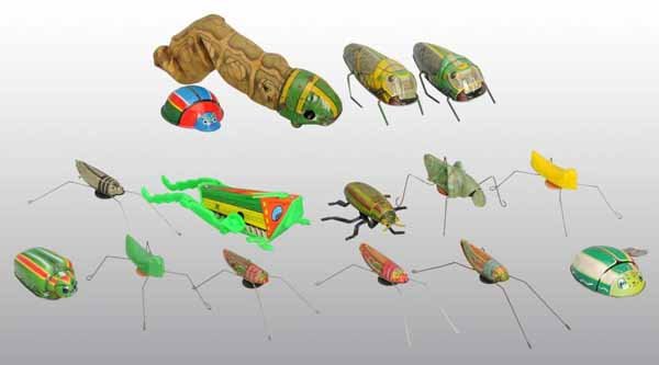 Lot of 15: Plastic & Tin Insect Toys.: Description Japanese. Includes grasshoppers, crickets, and caterpillars. Most are tin and have nice lithography, three are plastic, and one is plastic and tin. Moderate overall wear. Condition (Very G
