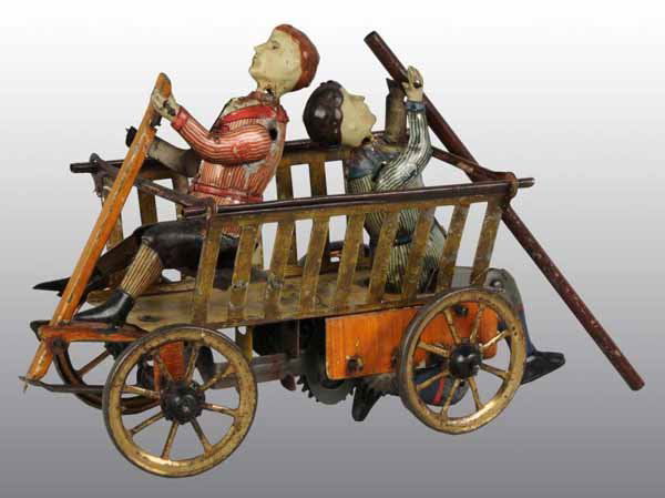 Tin Litho Trip-Trapp Wind-Up Toy.: Description German. Marked "HEN Hans Ebrel" on bottom of base. When wound, figure in front pulls back and forth of handle to steer cart. Hand-painted heads and legs with lithographed sailor suits and