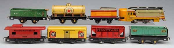 Tinplate American Flyer O-Gauge Hiawatha Train Se: Description Electric powered. Includes Hiawatha engine and tender, one tank car, one gondola car, one dump car, one Pennsylvania hopper car, one Wheaties boxcar, and one 1127 caboose. Some moderate pa