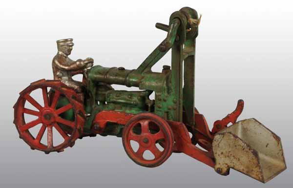 Cast Iron Hubley Tractor Front-End Loader Toy.: Description Circa 1930s. Detailed casting with nickel-plated driver and silver scoop. Condition (Excellent). Size 9 - 1/4" L.