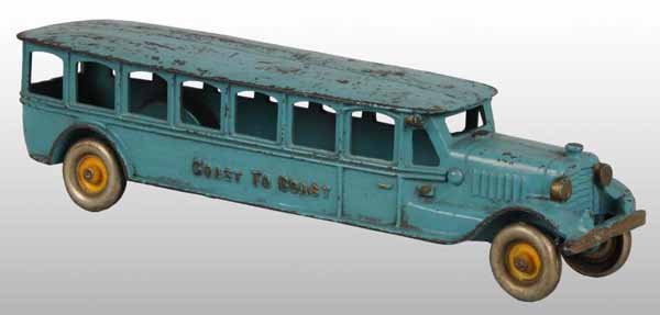 Cast Iron Coast to Coast Bus Toy.: Description American. Embossed "Coast to Coast" on both sides. Nickel disc wheels with yellow painted hubs and molded driver. Moderate scratching and paint loss to roof. Condition (Good - Very Good). 