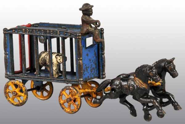 Cast Iron 2-Horse Royal Circus Wagon Toy.: Description Blue cage pulled by black horses. Includes one polar bear figure. Condition (Excellent). Size 9" L.