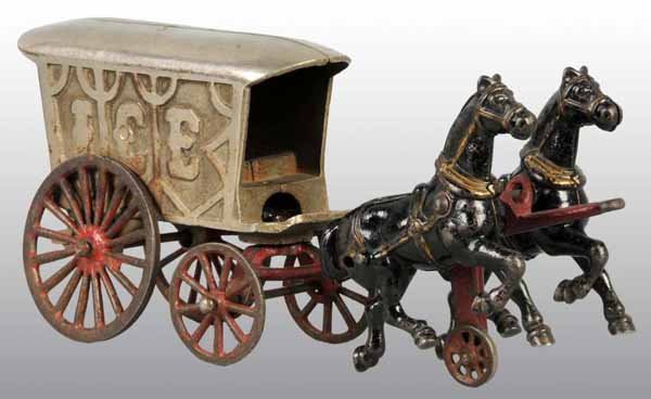 Cast Iron Dent 2-Horse Nickeled Ice Wagon Toy.: Description Pulled by two black horses. Repair to the front shaft. Condition (Good). Size 11 - 1/2" L.