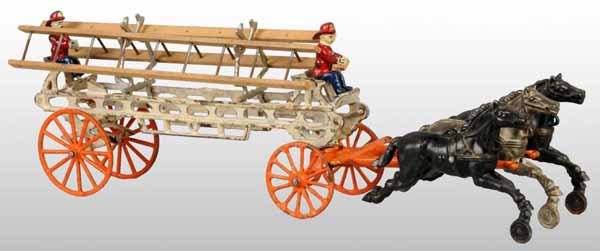 Cast Iron Kenton 3-Horse Ladder Wagon Toy.: Description Includes two figures, two ladders, and two ladder supports. Ladders, supports, and figures are replaced and the wheels are recast and repainted. Condition (Good). Size 19" L.