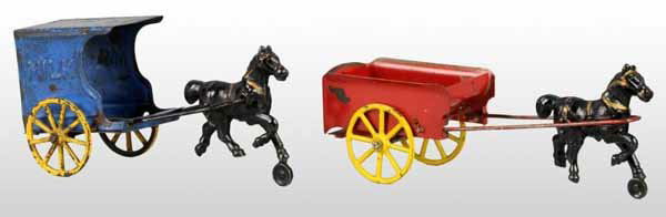 Lot of 2: Cast Iron & Tin Wilkins Horse-Drawn Toy: Description Both are all original. Includes one Wilkins milk cart and one Wilkins tin dump wagon. The horses are cast iron and the wagons are tin. No repairs or repaint. Condition (Good - Excellent).