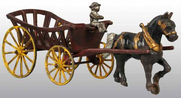 Cast Iron Kenton Plantation Cart Toy.: Description Pulled by a single black horse. The wagon and wheels are completely repainted. Condition (Repaint). Size 13 - 1/4" L.