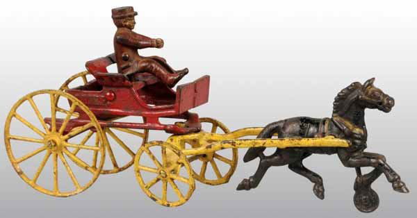 Cast Iron Hubley Fire Chief Wagon Toy.: Description Cast iron fire chief wagon made by Hubley. Includes one original figure. Repair to the rear axle support. Condition (Good). Size 12" L.
