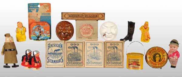 Lot of 16: Assorted Advertising Items.: Includes one hard-to-find Admiration's Cigars salt and pepper shakers with original box. All items have minimal to moderate wear throughout. Salt/Pepper Shakers: 2 - 1/2" x 2 3/4".